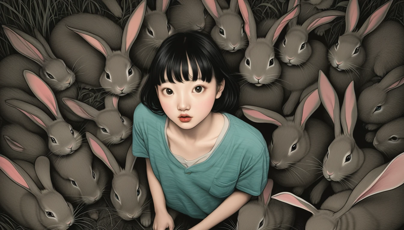 An illustration、art、Supervised by Junji Ito、Overaction、Overreaction、Pretending to be scared、Attention to detail, Realistic shadows、Analog Style, chromatic aberration, Surrealism、rabbit
