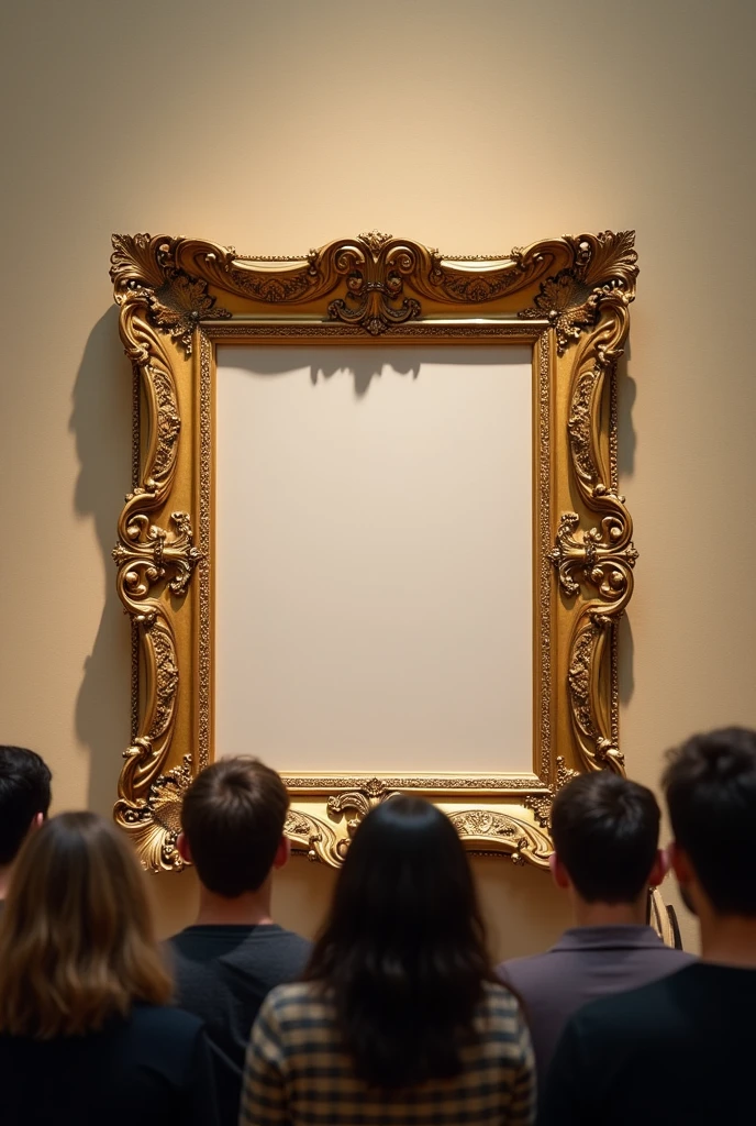 A beautiful golden photo frame was stuck on the wall of the museum, which was crowded with visitors.
