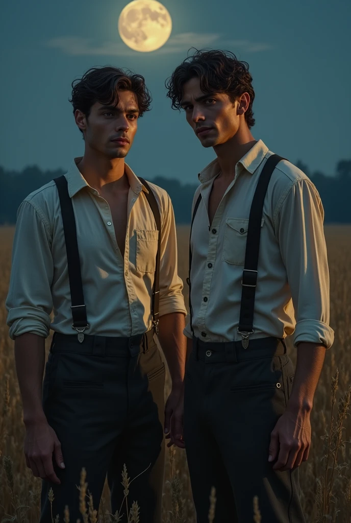 Two handsome young men dressed in the old clothes of literary days work in the fields at night and their clothes are soaked with sweat.