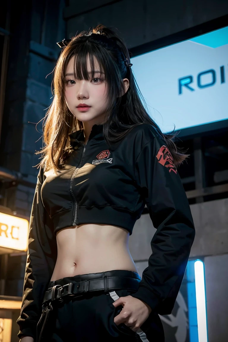 Girl in character concept art that combines Japan Ronin clothing and the beauty of modern technology.. (best quality, 4k, 8ก, height, Masterpiece:1.2), very detailed, (realistic, photorealistic, photo-realistic:1.37), Japanese ronin clothing, Future technology clothing, Detailed facial features, dynamic poses, violent expression, Katana, cyberpunk background, neon light, Mood swings, Riot Games art style, bright colors, Stylish rendering, complicated details, professional artwork, original elements, modern twist.