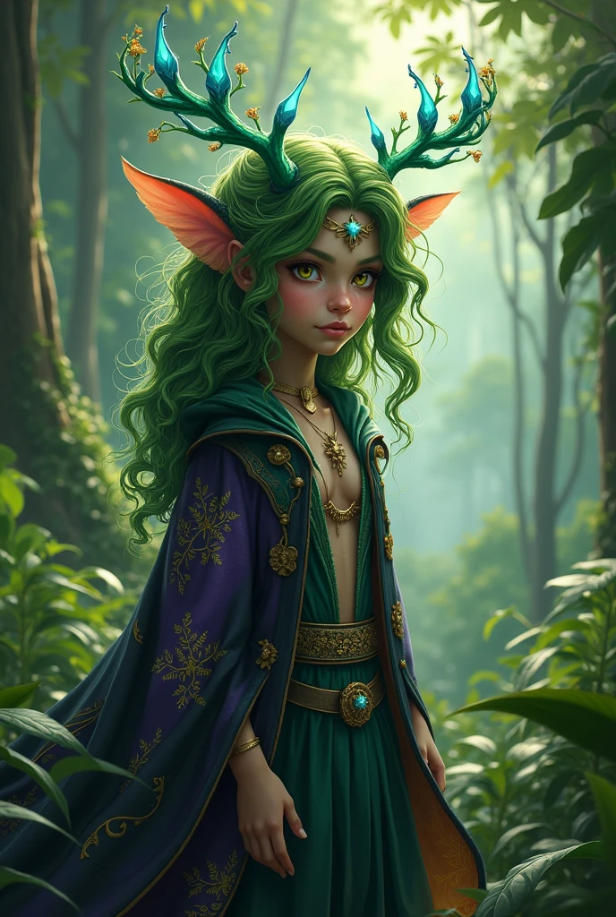 Jungle like environment. A young Plant woman with a deep green skin tone. She short has leaf green curly hair & is wearing a revealing mythic flowing Black-Purple-Green cloak with Golden Floral designs. She has Serious yet gentle gaze in her Starlike Golden eyes. She has long crystal blue antlers radiating Floral energy & a set of quaint elven ears. She has a small cute nose She is seen in a battle stance radiating a floral energy