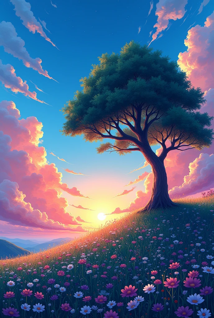 stylo anime Ghibli!!! There are huge flowers, Field of Flowers on the Hill, big tree, spectacular twilight light of the amanecer, nubes azul luciernagas impressive paint, Digital paint, pointillism, art station, 8K ultra HD Profesional There are huge flowers, Field of Flowers on the Hill, big tree, spectacular sunrise light, impressive paint, colored clouds, Digital paint, pointillism, art station, 8K ultra HD