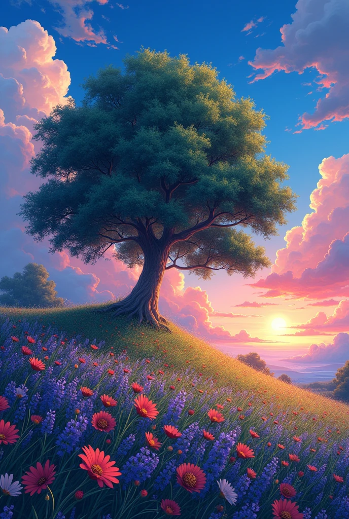 stylo anime Ghibli!!! There are huge flowers, Field of Flowers on the Hill, big tree, spectacular twilight light of the amanecer, nubes azul luciernagas impressive paint, Digital paint, pointillism, art station, 8K ultra HD Profesional There are huge flowers, Field of Flowers on the Hill, big tree, spectacular sunrise light, impressive paint, colored clouds, Digital paint, pointillism, art station, 8K ultra HD