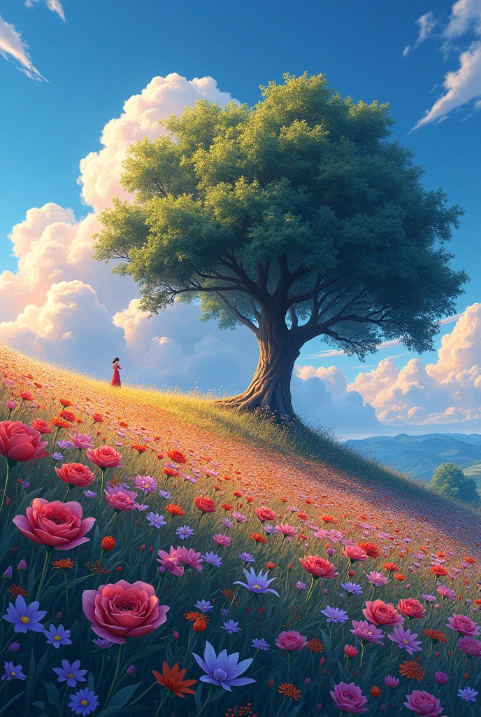 stylo anime Ghibli!!!  There are huge flowers, Field of Flowers on the Hill, big tree, spectacular twilight light of the amanecer, nubes azul                         luciernagas impressive paint, Digital paint, pointillism, art station, 8K ultra HD Profesional  There are huge flowers, Field of Flowers on the Hill, big tree, spectacular sunrise light, impressive paint, colored clouds, Digital paint, pointillism, art station, 8K   ultra HD