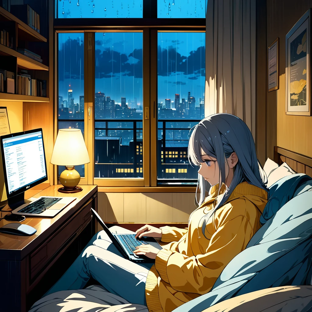 The scene is set in a small, warmly lit room on a rainy day, with raindrops tapping softly against the window. A person is comfortably seated under a blanket, with a laptop on their lap, watching anime. The room is softly illuminated by a warm lamp, and the faint glow of city lights is visible through the rain-covered window. The colors should include soft blues, warm yellows, and gentle grays, creating a tranquil and comforting atmosphere