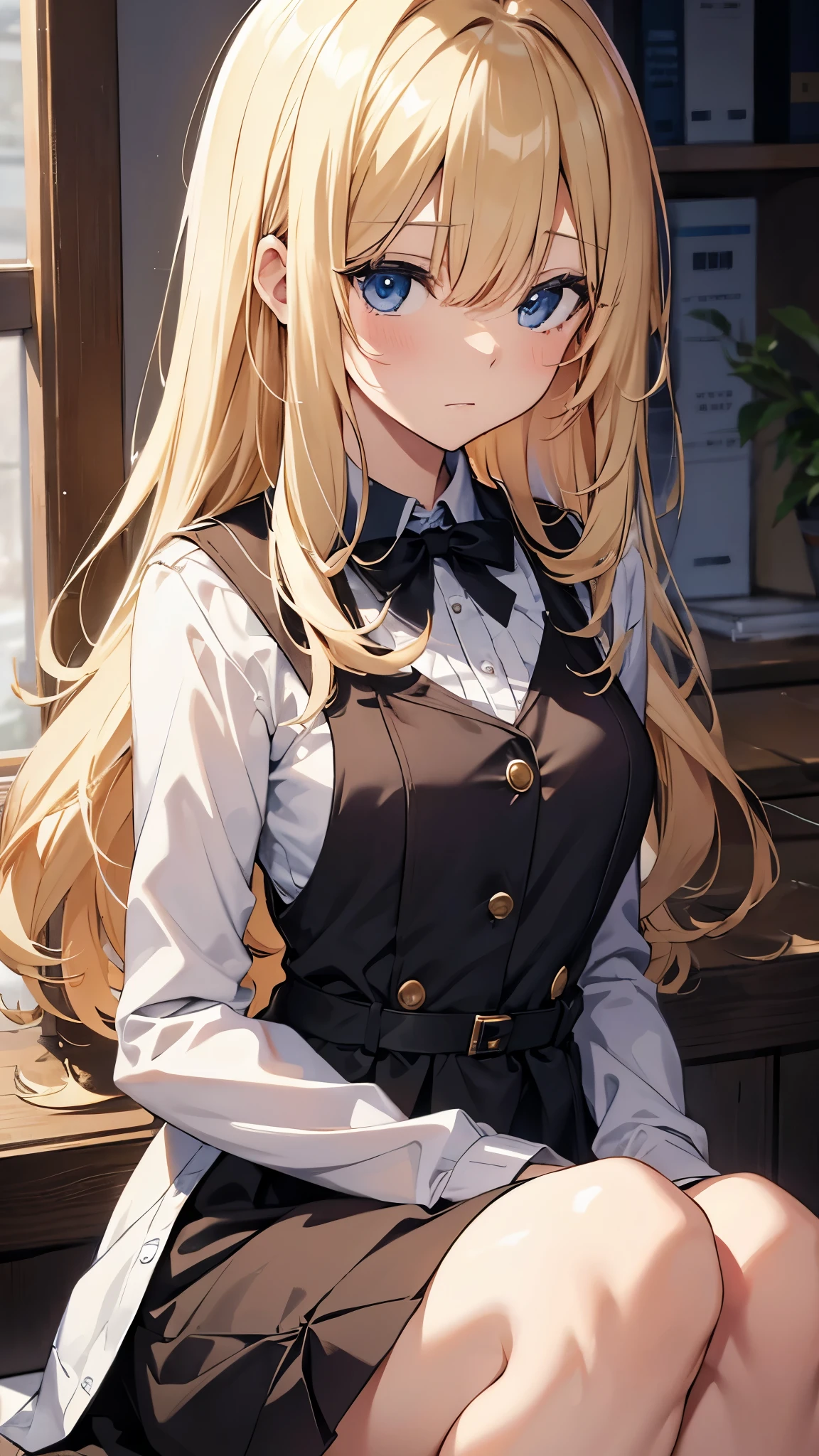長いblondeの髪と制服を着たアニメのが写真のポーズをとっている ((masterpiece、Highest quality、Very detailed))、one person's、Improve、blonde、Long Hair、Wavy Hair、Grey Eyes、Wicked Smile、((Grin))、lip、((there are a lot of earrings))、Large Breasts、Cleavage、A bow tie、((White shirt))、((Black pleated skirt))、bracelet、Cowboy Shot、Urban Background