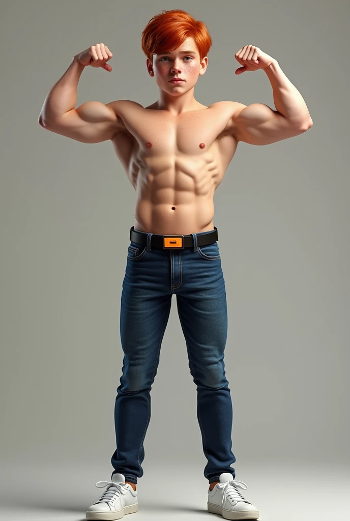 Realistic  muscular white boy flexing muscles with red hair freckles shirtless wearing very tight jeans black leather belt glowing buckle tight around waist tennis shoes.