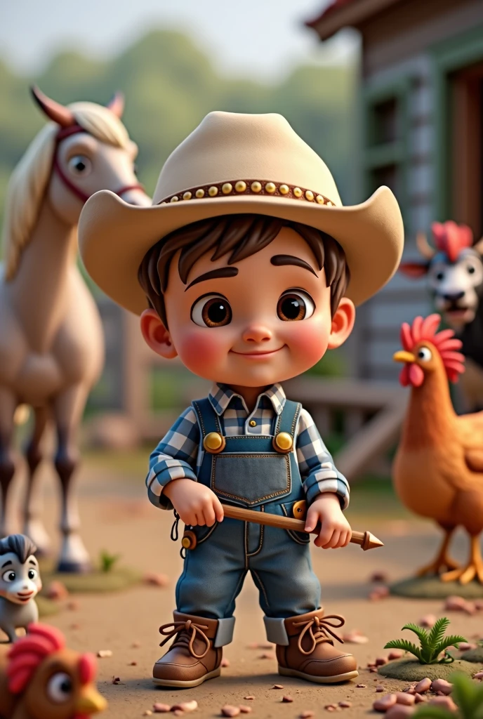 A baby ,Scrawny, smiling slightly light brown hair, brown dark eyes, light cowboy hat, working with, horses, chickens, cows, in the farm, blue and white plaid shirt denim overalls, written Caleb 1 year 3d image hd