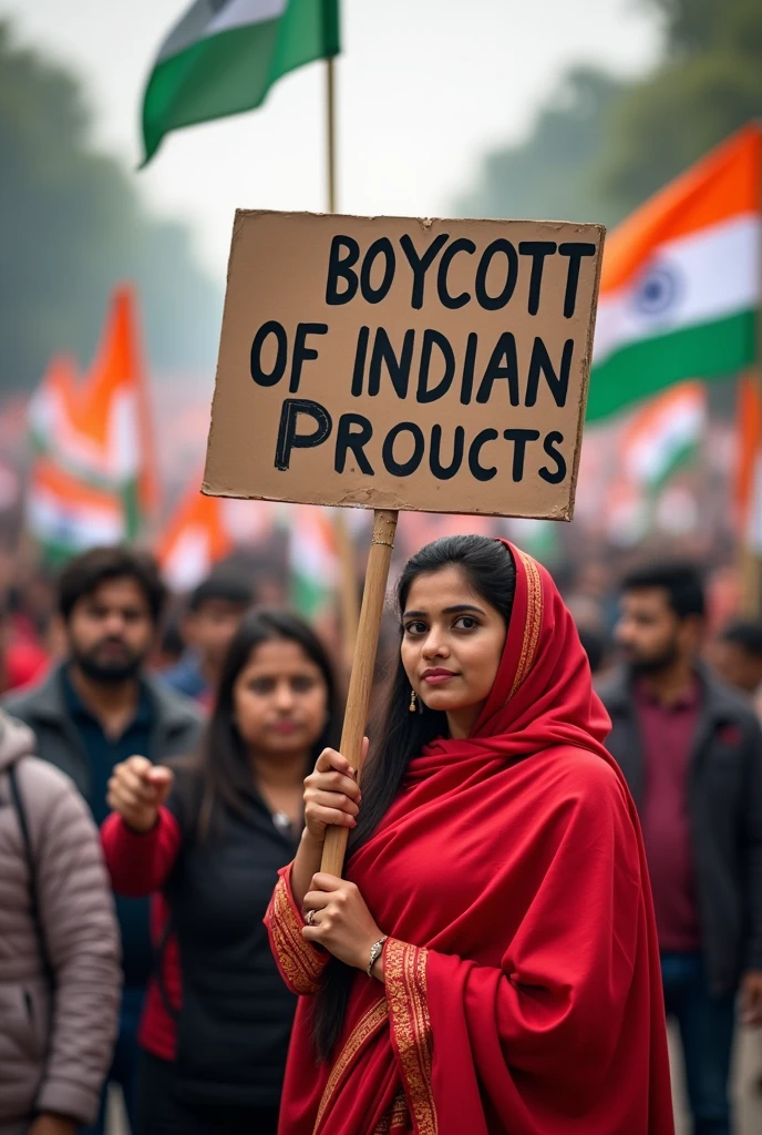 Give me an image which written Boycott Indian Products banner with girl wear red sharee.
Reason Bangladesh flood.
