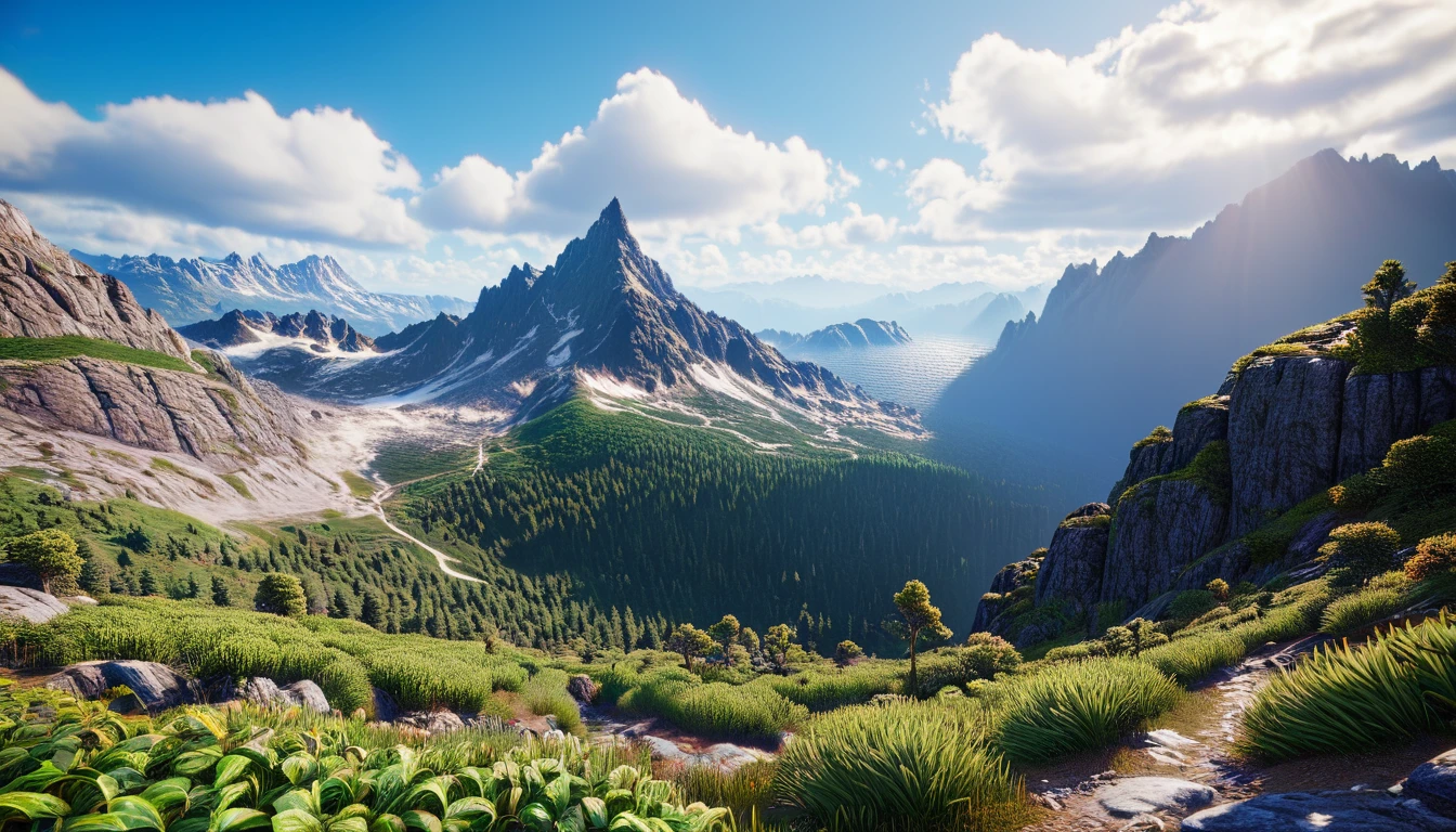 Front view，There is a highest mountain on the West Coast，The mountain is full of green plants（best quality，4K，8k，High level，masterpiece：1.2），Ultra Detailed，（lifelike，Photo real，Photo real：1.37），Realistic lighting，虚幻引擎4K壁纸，Summer Unreal Engine 5, Beautiful landscape rendering, Mountains and Oceans, Rendered in 8k Unreal Engine,，The most beautiful scenery，Epic shock