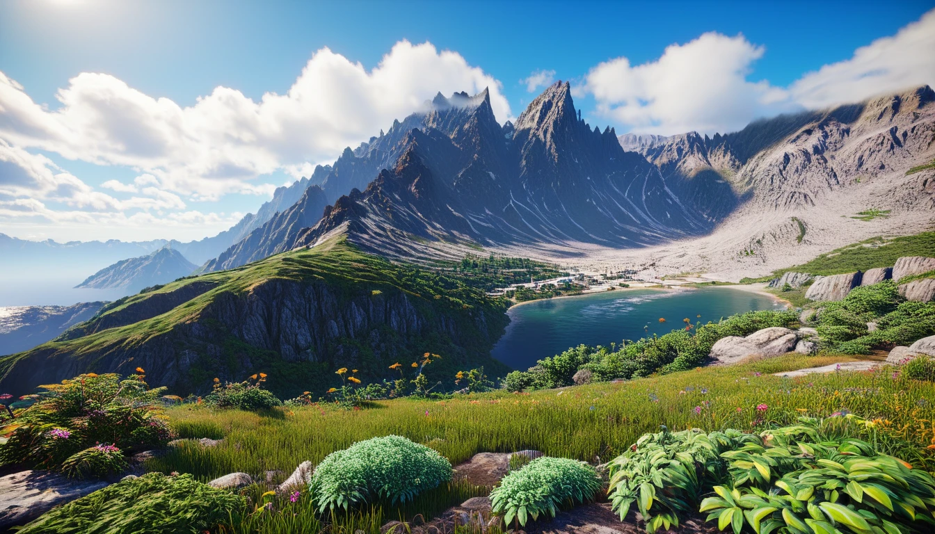 Front view,There is a highest mountain on the West Coast,The mountain is full of green plants(best quality,4K,8k,High level,masterpiece:1.2),Ultra Detailed,(lifelike,Photo real,Photo real:1.37),Realistic lighting,虚幻引擎4K壁纸,Summer Unreal Engine 5, Beautiful landscape rendering, Mountains and Oceans, Rendered in 8k Unreal Engine,,The most beautiful scenery,Epic shock