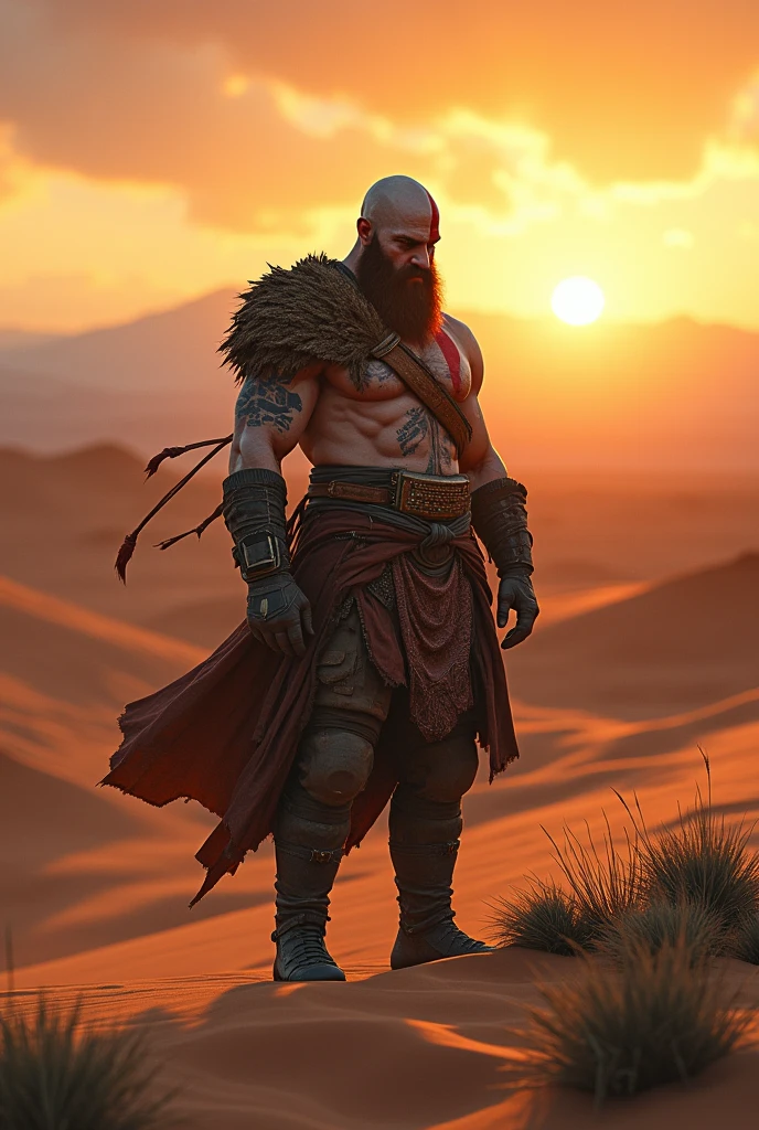 masterpiece, Desert landscape at sunset, solitary figure, God of War Kratos wearing nomadic, Post-apocalyptic clothing. Layers of rags, Unconventional accessories, The weather-beaten exterior creates an atmosphere of survival and resilience, 16K, Ultra-high resolution.Reality, Ultra HD, Reality渲染, Dramatic Lighting, In sharp contrast