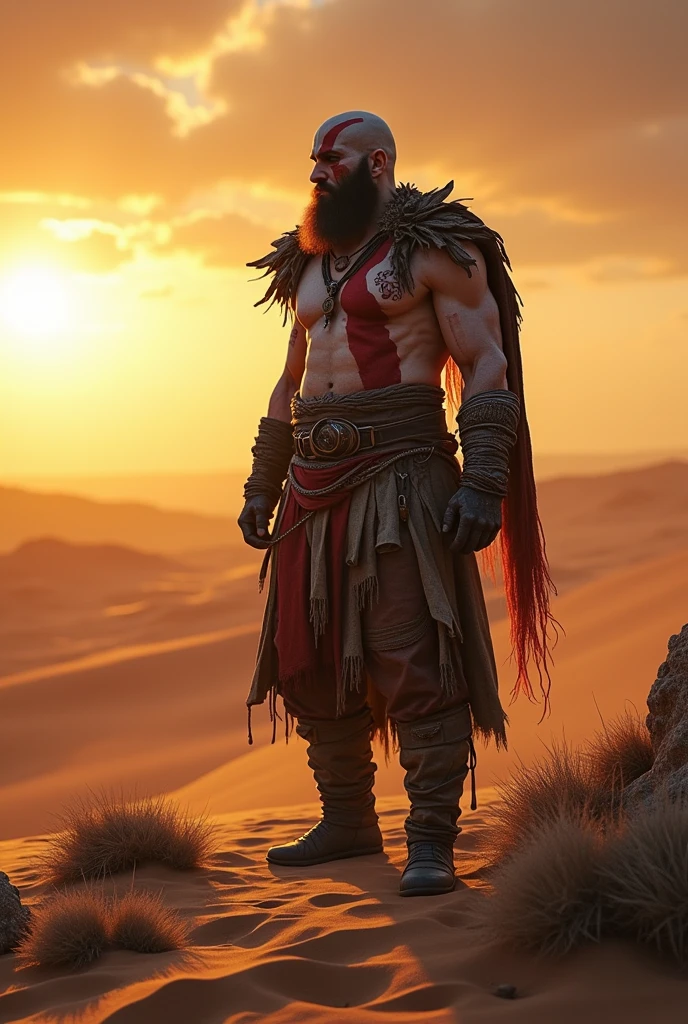 masterpiece, Desert landscape at sunset, solitary figure, God of War Kratos wearing nomadic, Post-apocalyptic clothing. Layers of rags, Unconventional accessories, The weather-beaten exterior creates an atmosphere of survival and resilience, 16K, Ultra-high resolution.Reality, Ultra HD, Reality渲染, Dramatic Lighting, In sharp contrast