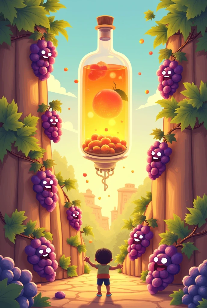Create several images in a sequence of 6 images as alcoholic fermentation occurs to explain to children as a short story, like wine but in parts