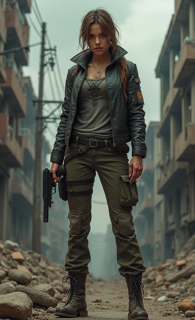 Woman in apocalyptic attire holding a beretta and a knife