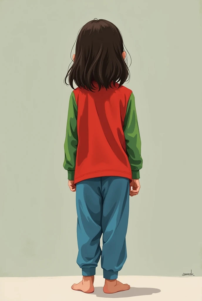Girl with red t shirt green sleeves and blue pyajamas back facing the camera and feet visible