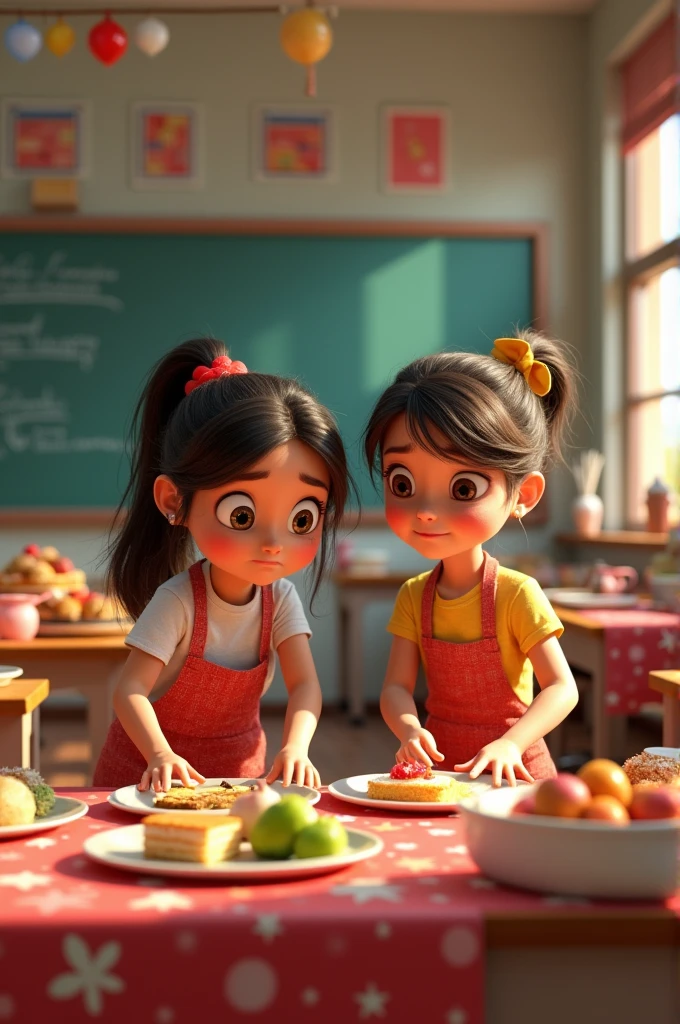 In the animated style of a Disney Pixar film, a classroom decorated for a school cooking contest, with tables full of dishes and cakes, and two girls, one with a disappointed look and the other with a shy smile, working together