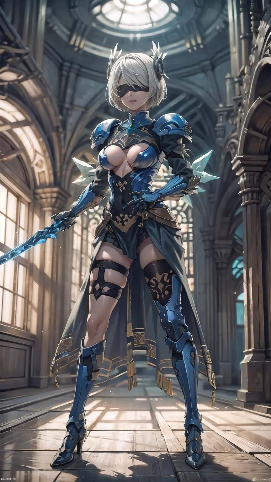 Make a 'kitbash' of Lenneth from 'Valkyrie profile' and 2B from 'Nier: Automata', combine 2B and Lenneth, solo, 1girl, BREAK: ((bright sapphire blue mech4rmor)), (boob window), thigh cutout, long skirt, (blindfold:1.27), wings, BREAK: standing contrapposto, (holding glowing sword), light smile, BREAK: plains, castle, BREAK: (better hands, best hands,) (insanely detailed, masterpiece, best quality), strong negative, tatoogirl