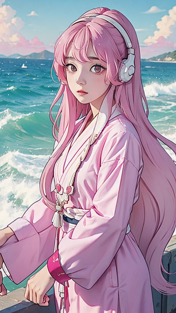 girl using headphones, white long hair, bright pink eyes, traditional clothes, estilo wuthering waves
