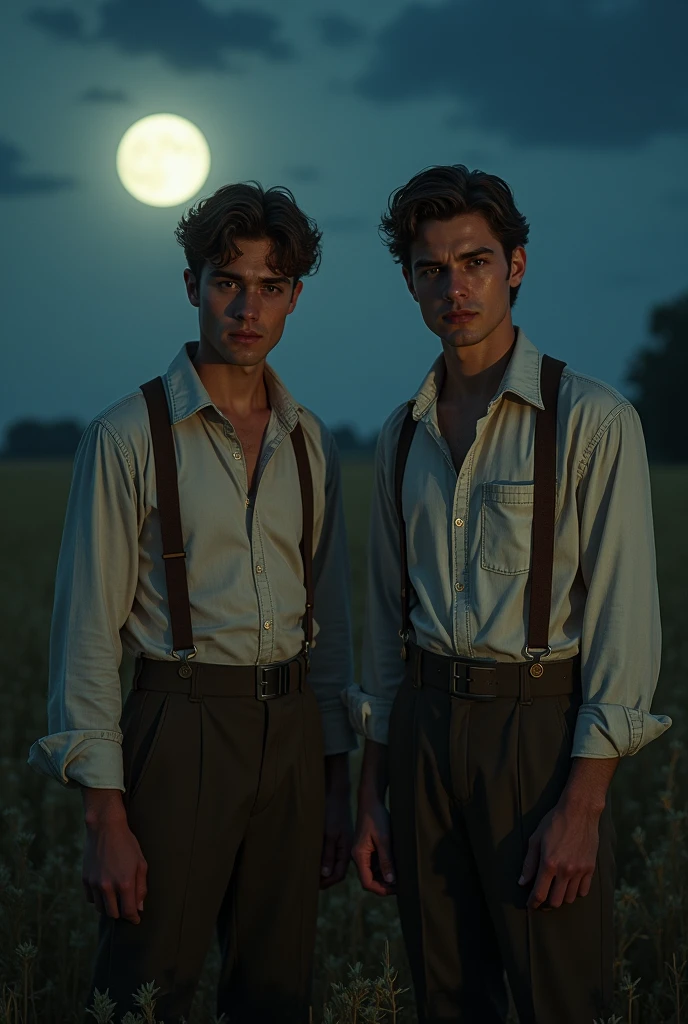 Two handsome young men dressed in the old clothes of literary days work in the fields at night and their clothes are soaked with sweat.