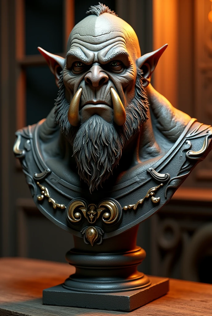 realistic bronze bust of an orc, hyper realistic, extremely detailed, 8k, highly detailed, intricate details, masterpiece, exquisite craftsmanship, lifelike textures, photorealistic, cinematic lighting, dramatic shadows, warm lighting, chiaroscuro, ornate, rugged features, menacing expression, piercing eyes, pronounced brow ridge, sharp nose, prominent tusks, rough skin, weathered appearance, ancient, fantasy, dark fantasy, dungeons and dragons, concept art