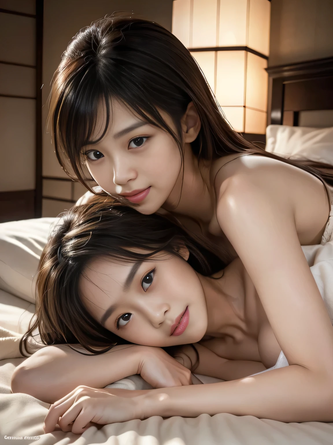 (Raw photo, Best Quality), (Realistic, Photorealsitic:1.4), masterpiece, extremely delicate and beautiful, Extremely detailed, 8k wallpaper, amazing, finely detail, extremely detailed CG Unity, hight resolution, Body Towel, 2 japanese girl, (Two beautiful Japanese women lie on a bed,:1.5), They have the same face, Full body, Soft light, beautiful detailed women, extremely detailed eye and face, beautiful detailed nose, Beautiful detailed eyes, Cinematic lighting, Perfect Anatomy, Glamour, (seductive smile), kissing, hugging, blushing, hands on breasts, 