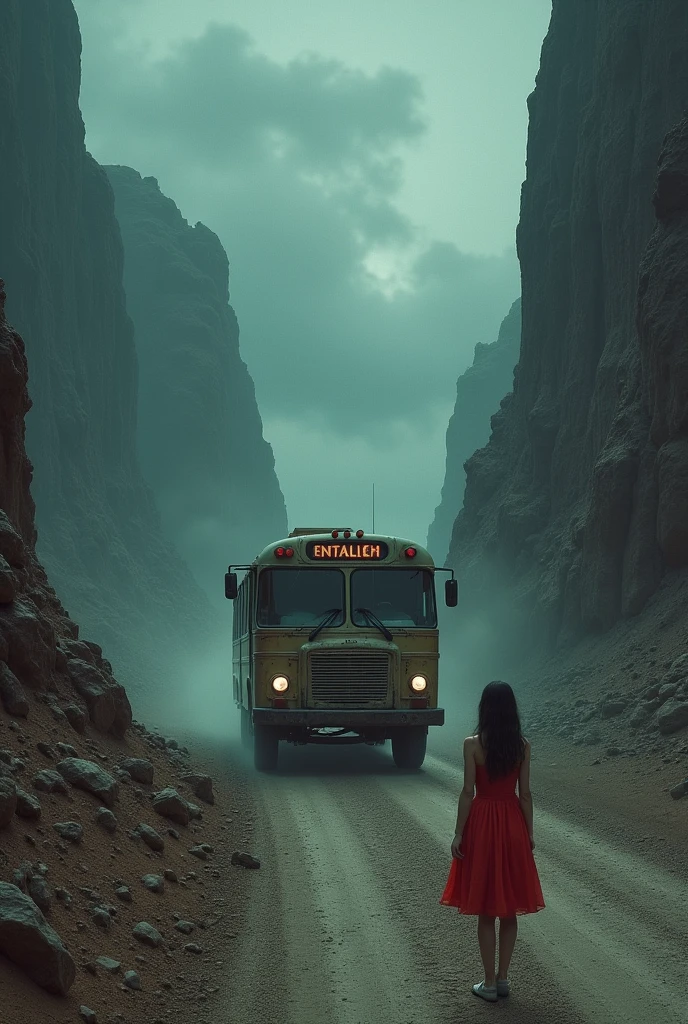 Bus on scay with girl in rad dress