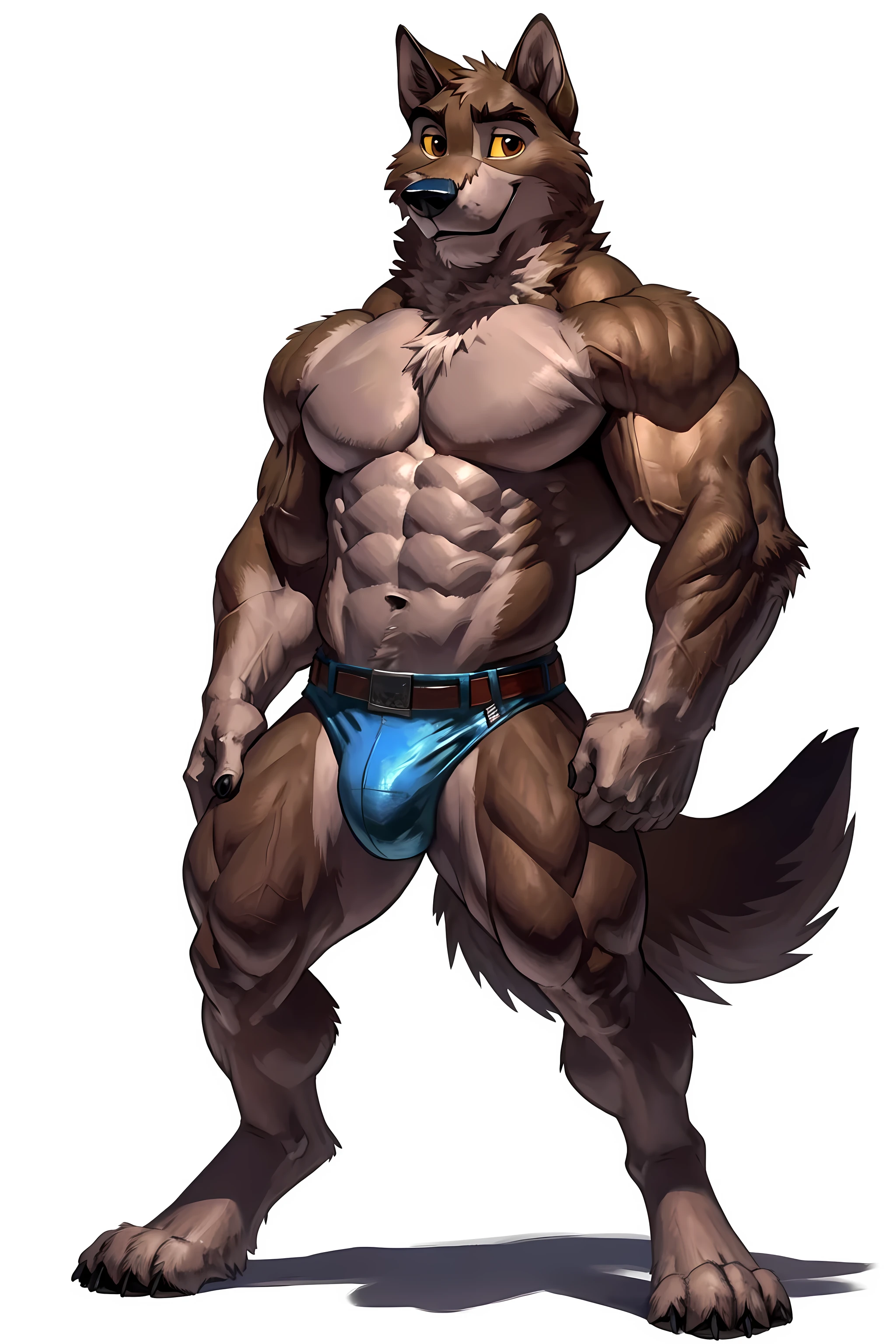 balto, baltowd, brown eyes, yellow sclera, adult, masculine, male, (quadruped, feral, feral dog):1.0, very muscular:1.5, muscles:1.5, strong chest, muscular shoulders, strong body, muscular neck, biceps, triceps, lats, muscular thighs, calves, vascular, veins, wide chest, taran fiddler style, virtyalfobo style, negger style, (no background, white background):1.3, cel shaded:1.2, cartoony shading, detailed eyes, high quality, high resolution, detailed, full body, muscular forelegs, muscular legs, thickly built legs, white fur, standing on back legs:1.1, legs spread, big belt, detailed belt, tight underwear, blue speedos