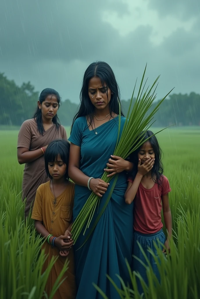 The image shows a group of four people, two women and two children, in a rice field. The woman in the center is wearing a blue saree and is holding a bunch of green rice stalks in her hands. She appears to be crying or upset, with tears streaming down her face. The two children on either side of her are also crying, and one of them is holding the stalks. The background shows a cloudy sky and raindrops falling from the sky. The overall mood of the image is one of sadness and despair.