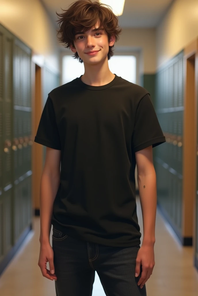((best quality)), ((realistic)), ((masterpiece)), (detailed), (3/4 body visable), (standing), 18-years old male, plain black t-shirt, black jeans, messy long haircut, brown eyes, school hallway, friendly pose, skinny, white skin,