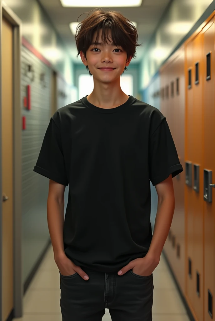 ((best quality)), ((realistic)), ((masterpiece)), (detailed), (3/4 body visable), (standing), 18-years old male, plain black t-shirt, black jeans, messy long haircut, brown eyes, school hallway, friendly pose, skinny, white skin,
