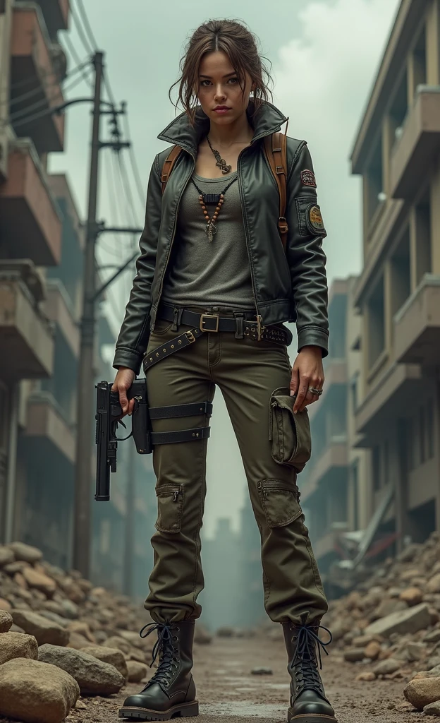 Woman in apocalyptic attire holding a beretta and a knife