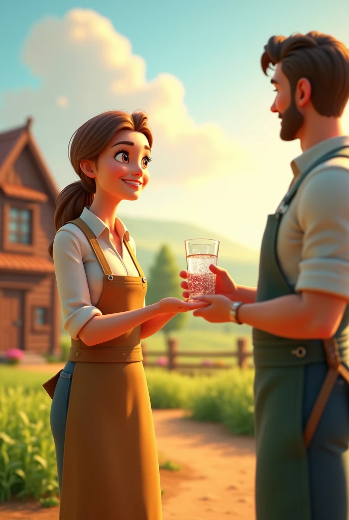 In cinamatic 3d cartoon "The farmer’s wife sees him and smiles, offering him some water."