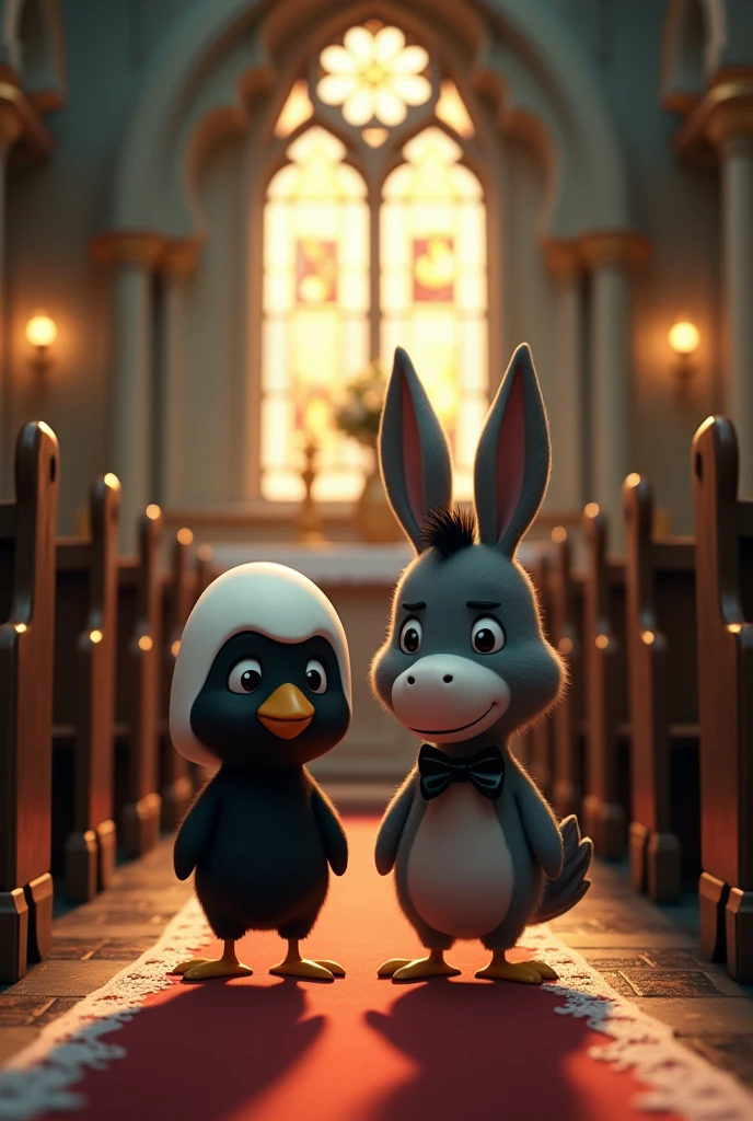 Calimero noir avec sa coquille d'oeuf blanche sur la tête qui se mari avec un petit âne garcon mignon gris portant un noeud papillon autour du cou, dans une chapelle