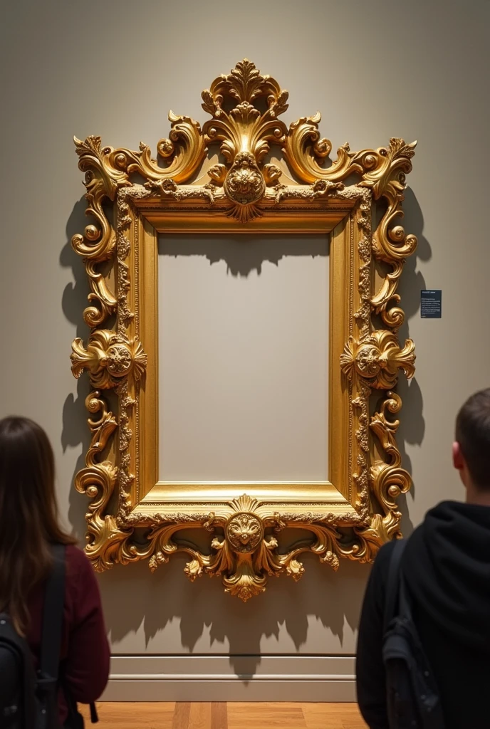 A beautiful golden photo frame was stuck on the wall of the museum, which was crowded with visitors.