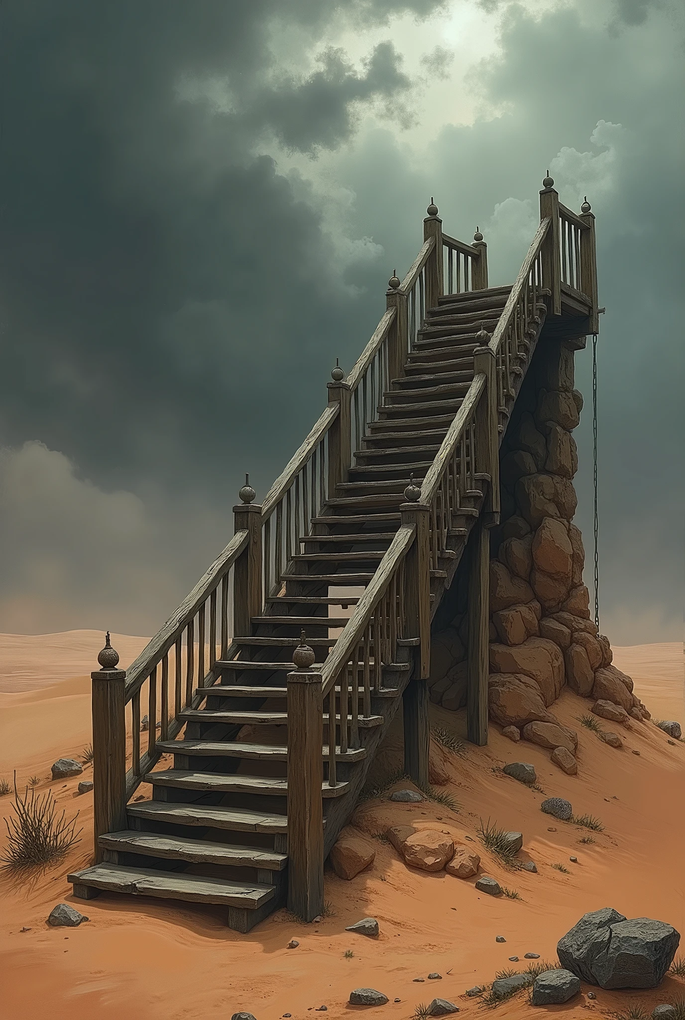 a strange old wooden staircase in the desert under the ominous sky
