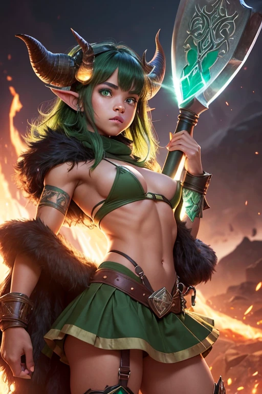 A young 15- yr old Orcish girl with lovely charming face, having dark green skin tone pigmenting texture, (wearing a nose ring), (body builder, athletic masculine size body), ( dark green skin texture masterpiece ), (tomboyish punk hairstyles look), (( wearing helmet with horns)), (serious, with exposed teeths showing large fangs)(perfect full body detailed anatomy), (Super accessories detailed), (fighting pose), (perfect detailed bright sparkling eyes),( short illuminating jade gemstone crystalized hair), ((expose big hard erect nipples))(( exposed panty with pussy clitoris exposed or showing lifting skirt))((legs wide open showing pussy line))(( Wearing transparent orcish costumes )), (( holding a treasure axe or treasure war hammer )), ( lava cliff background), (( illuminating different lights covering the sorrounding atmosphere battle fields)) on its back wearing furry cape detailed design, has a angry face, 7 different perspective view of that same girl & face profile sheet character style