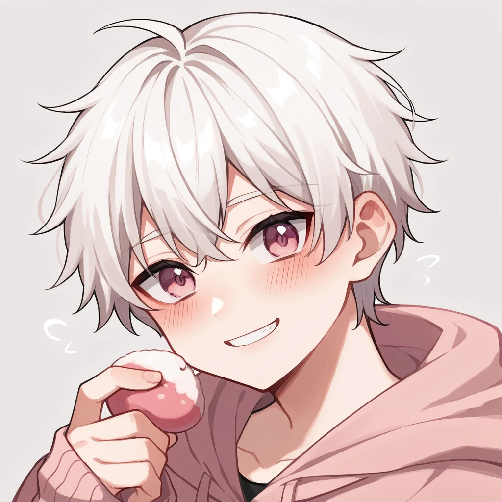 I boy, (white hair)(messy short hair) ((wearing oversized hoodie)) ((flamingo pink colour hoodie))((hair coming on forehead)) ((silky hair)) ((pink eyes)) (upper body) (cute) (smile) (blush) ((white hair)) (ken kaneki white hairstyle)