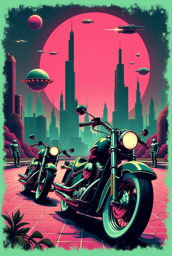 "A retro t-shirt design featuring 1940s shopper motorbikes driving through a futuristic landscape with robots watching the action. The design uses neon colors like pink and green, with a grid background and a worn texture."