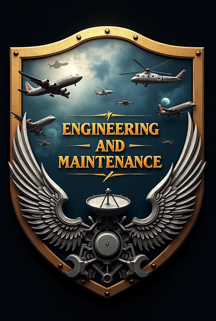 A round shield, with a gold border, black background and dark details.
Letters in the center "ENGINEERING AND MAINTENANCE".
Decorated with planes and helicopters flying in formation in the background, with a radar.
May it also have wrenches, tool, propellers and engines as decoration throughout the shield.
hyperrealistic. 
With front view and elegant colors.
With silver wings, worn that hold the entire shield.
Vintage design.