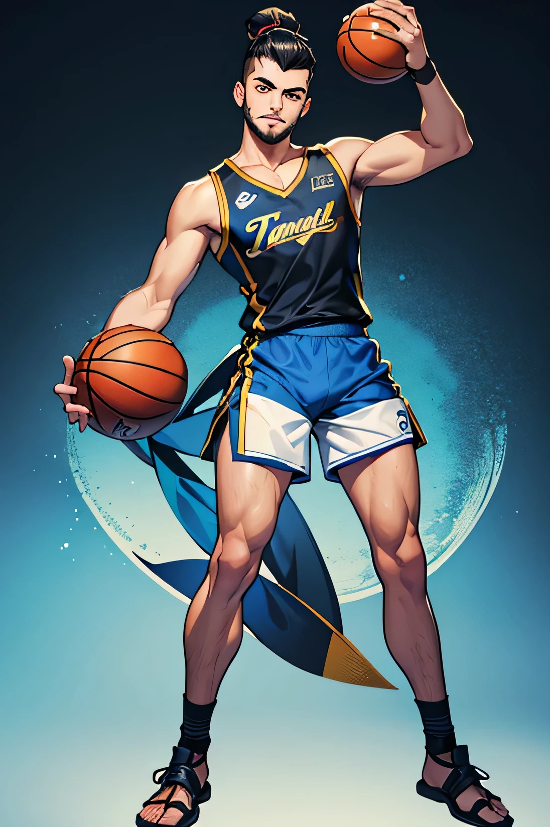 2 boy, twink, handsome, his skin is light tropical Latin, his hair is in a samurai bun with the sides in high fade, he has a small beard, he wears blue and black basketball clothes, his shorts are small (short), we can see the image in full showing him in full body, the background is solid black.