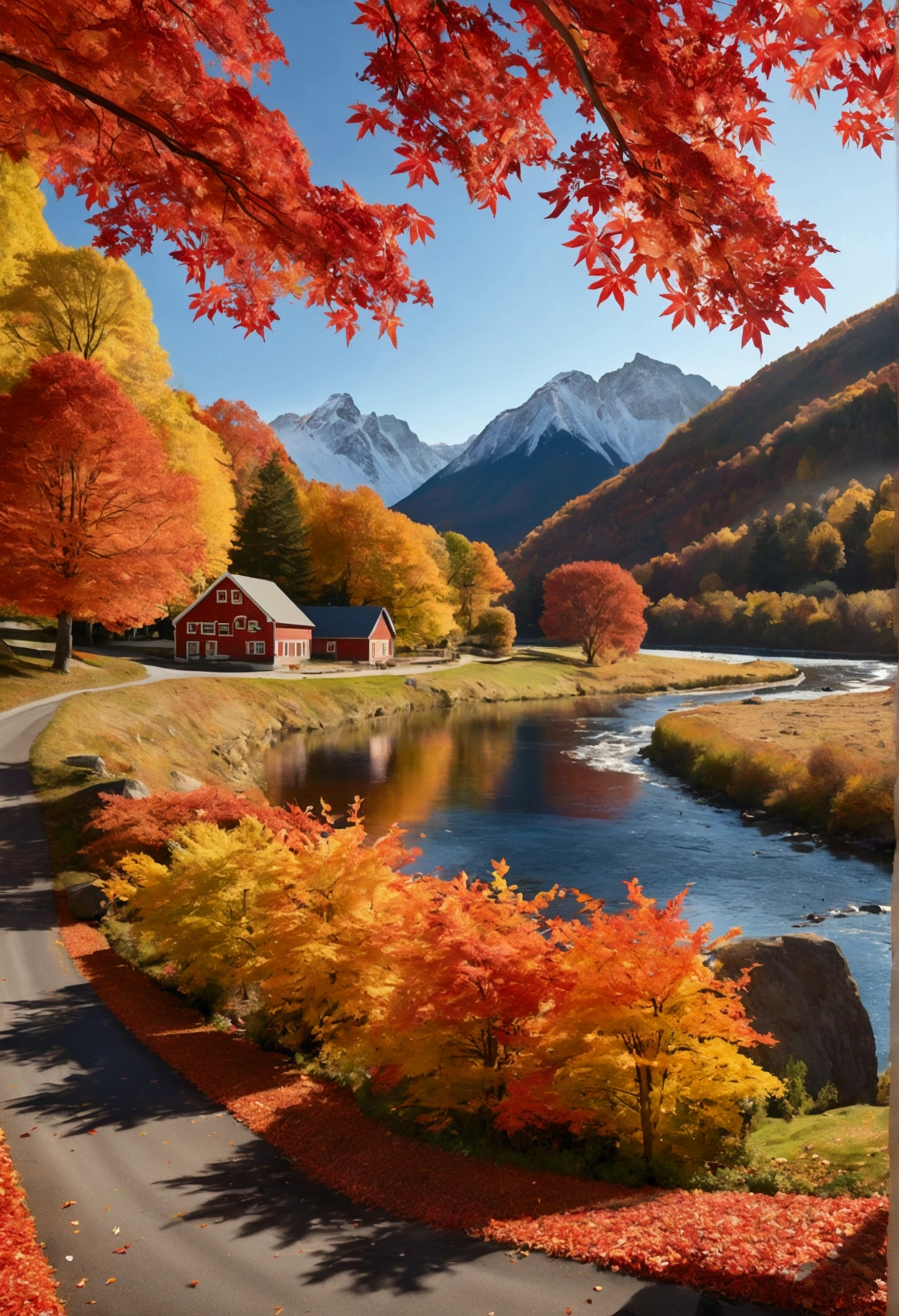 Create an ultra-high-resolution, photorealistic image of a stunning autumn landscape. In the distance, vibrant red maple forests cover the mountains, glowing brilliantly under the golden autumn sunlight. A gentle river flows through the scene, with maple leaves floating on the water's surface. In the foreground, colorful houses and grazing cows and sheep dot the landscape. The sky is clear with high, wispy clouds, and the air feels crisp and fresh. Birds soar and sing above, adding to the serene and enchanting atmosphere of this picturesque fall day.