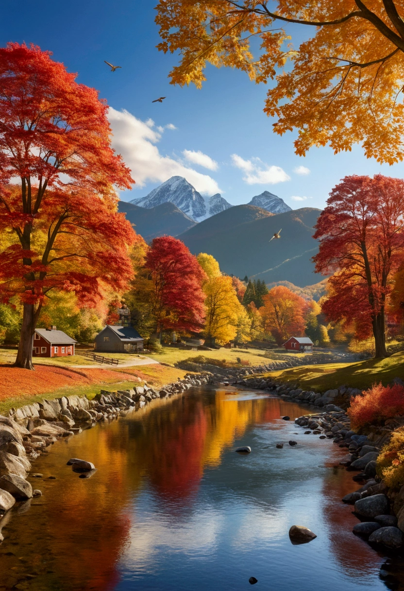 Create an ultra-high-resolution, photorealistic image of a stunning autumn landscape. In the distance, vibrant red maple forests cover the mountains, glowing brilliantly under the golden autumn sunlight. A gentle river flows through the scene, with maple leaves floating on the water's surface. In the foreground, colorful houses and grazing cows and sheep dot the landscape. The sky is clear with high, wispy clouds, and the air feels crisp and fresh. Birds soar and sing above, adding to the serene and enchanting atmosphere of this picturesque fall day.