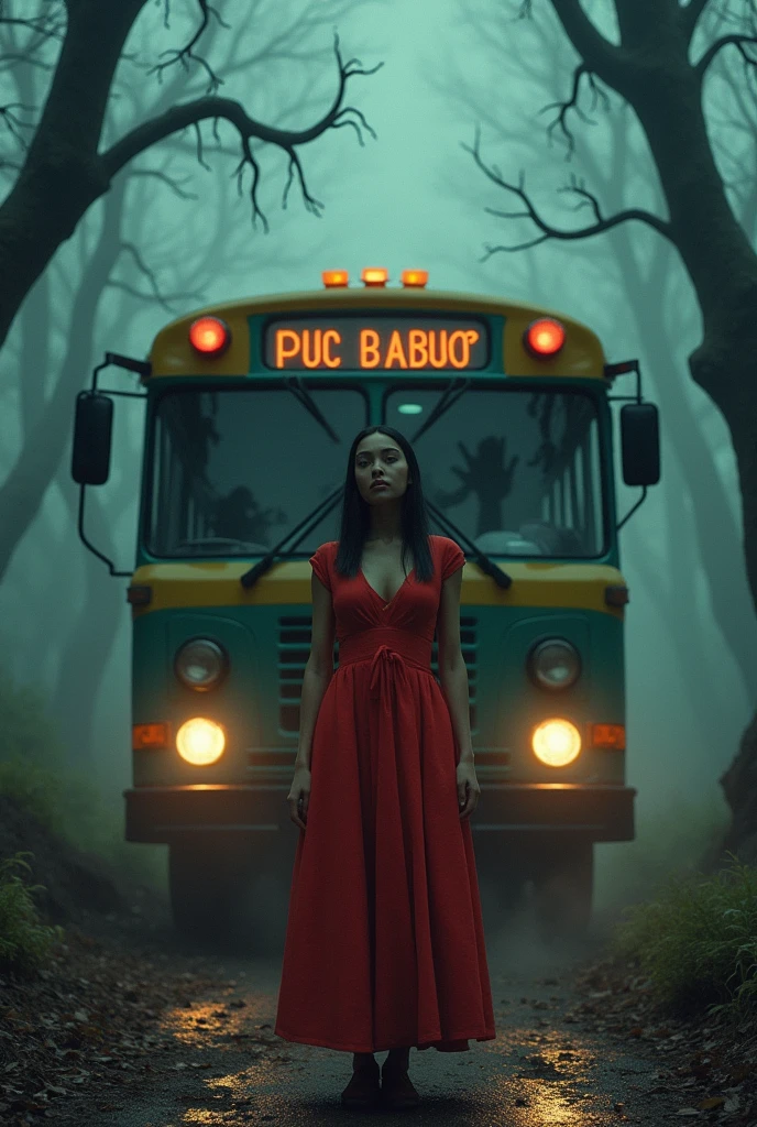 Bus on scay with girl in rad dress with smile