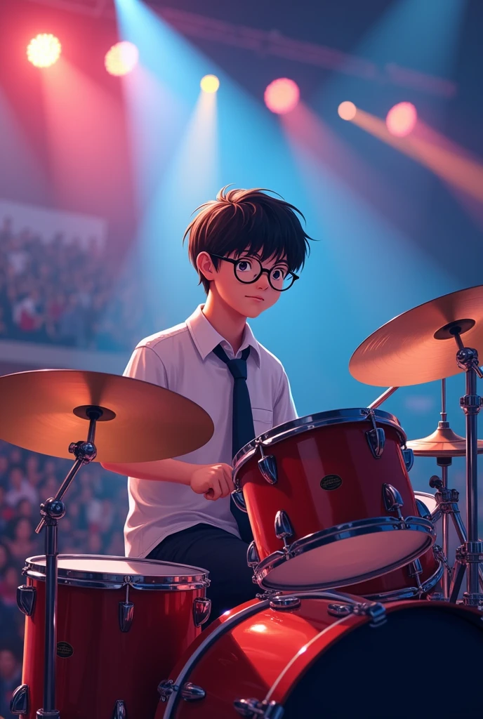 A high school boy wearing round brown glasses、Playing drums at a live concert。