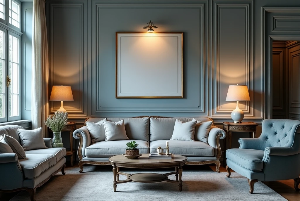vintage style living room photography background, gray and blue
