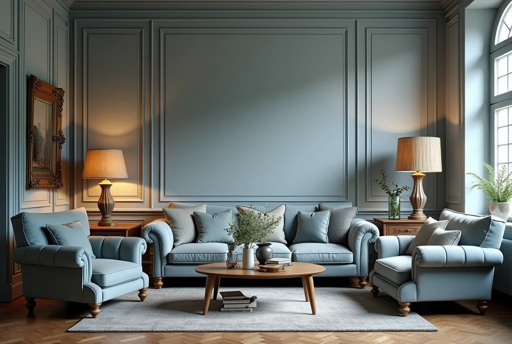 vintage style living room photography background, gray and blue