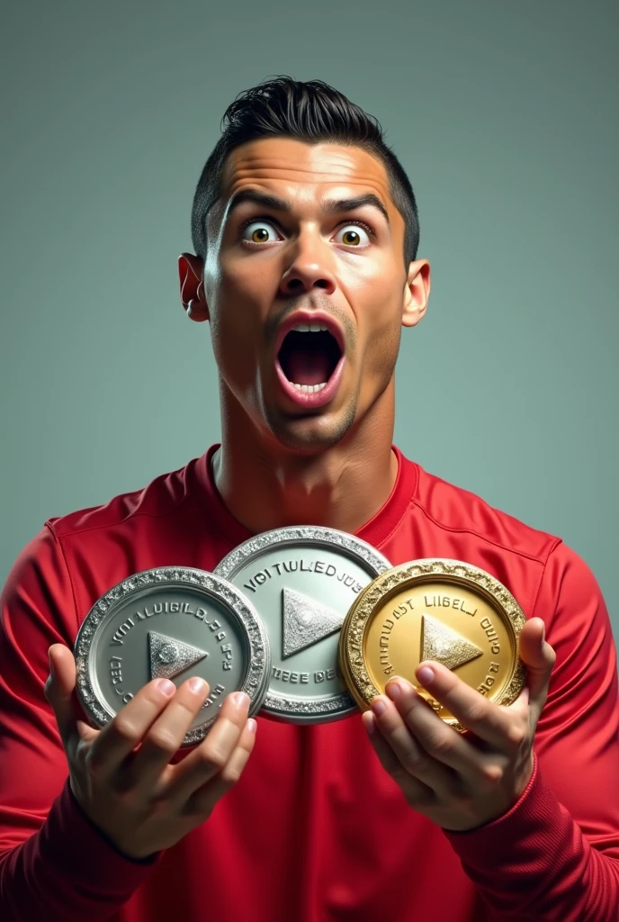Ronaldo YouTube silver,gold and diamond play button holding so heavy rection big eye 