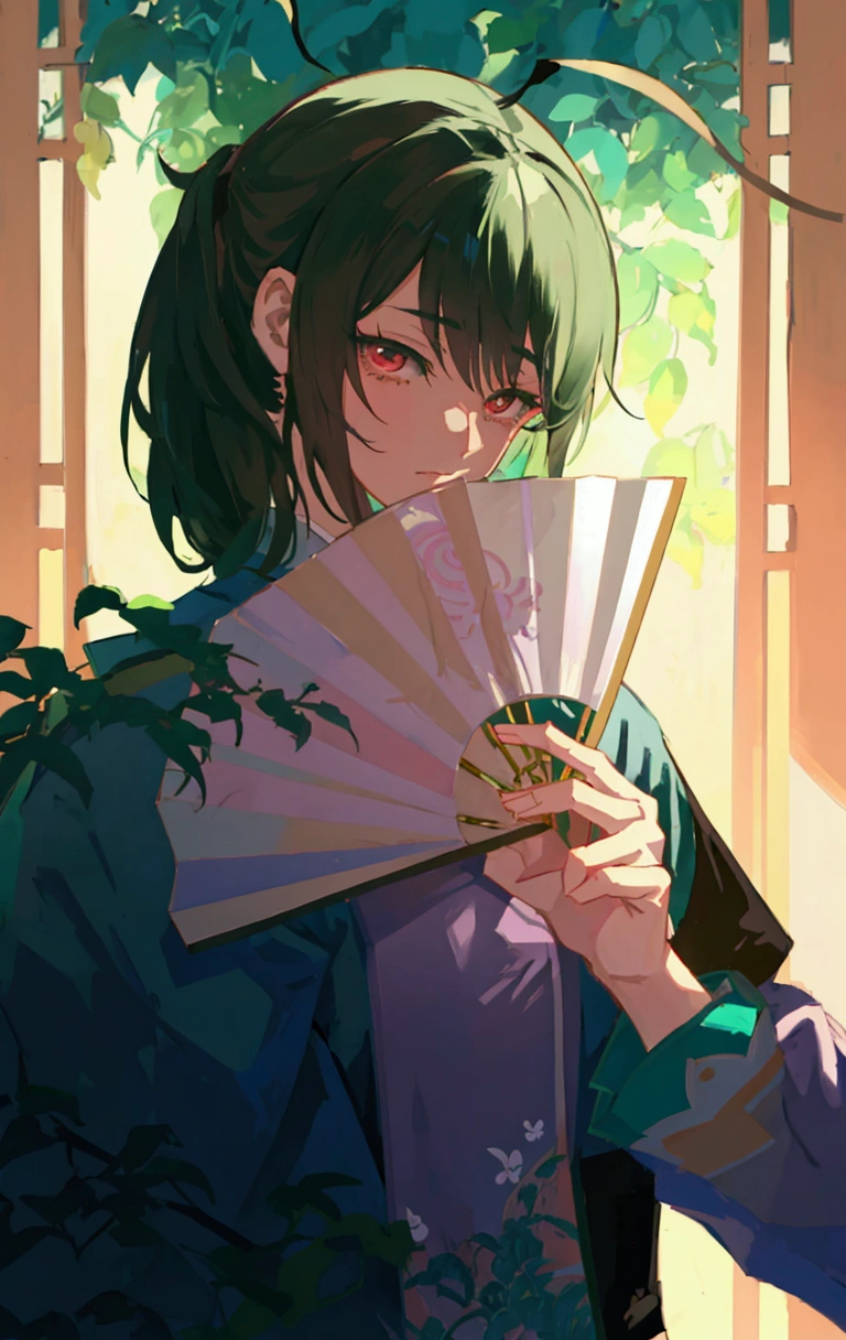 Japanese cartoons girl holding a fan in front of a window with a plant, Demon Slayer Rui Fan Art, guweiz style artwork, Japanese cartoons style 4 k, Japanese cartoons art wallpaper 8 k, Japanese cartoons. Soft lighting, Inspired by Masanobu Okumura, The handsome guy in Demon Slayer, 4k comics wallpaper, Japanese cartoons art wallpaper 4k