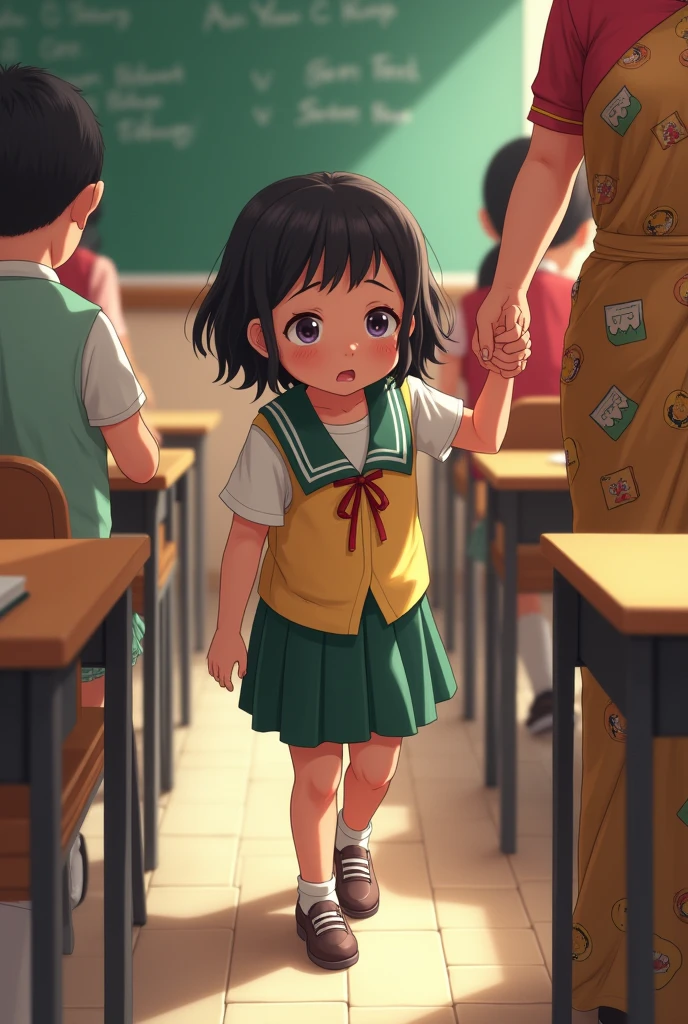 2
A first class girl.
It's her first day of school.
Crying a lot because I want to go home.
Her left hand is held by the madam as she runs out of the classroom.
With her right hand she held the lines of madam's saree cartoon character